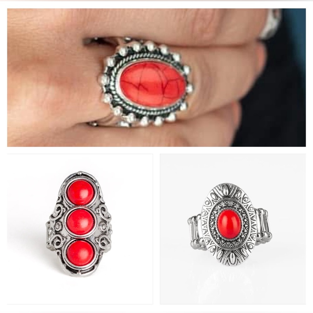 Silver and red stone boho style rings- 3 included